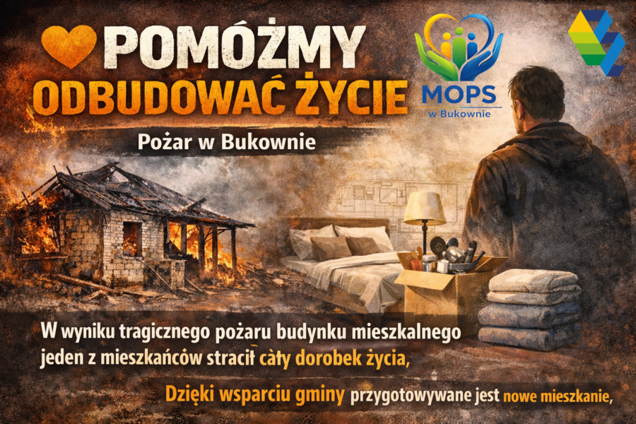Obraz dla aktualności o tytule: PILNE !!! Zbiórka rzeczowa dla osoby starszej z gminy Bukowno, której dom uległ spaleniu