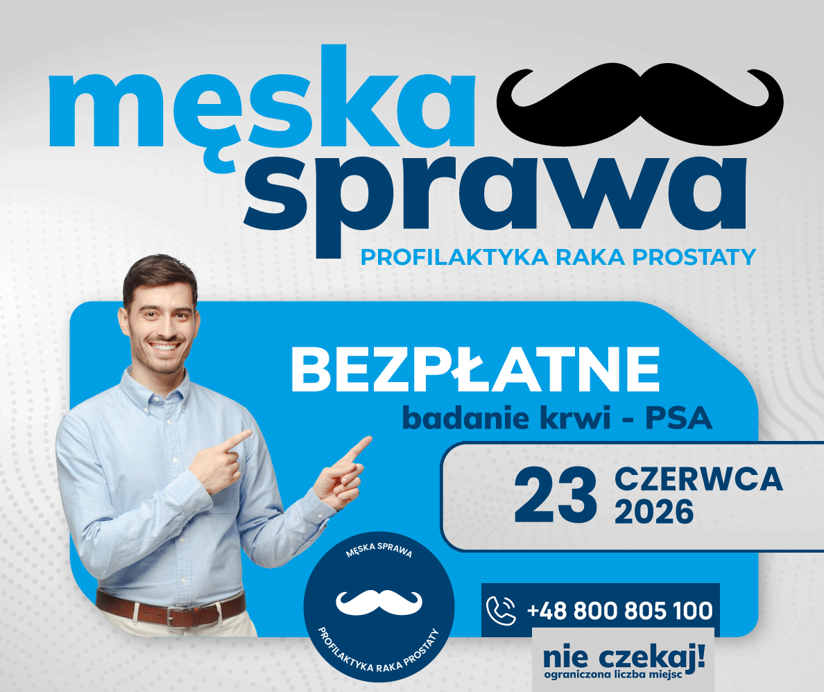 Plakat informujący o badaniu krwi pod kątem raka prostaty.
