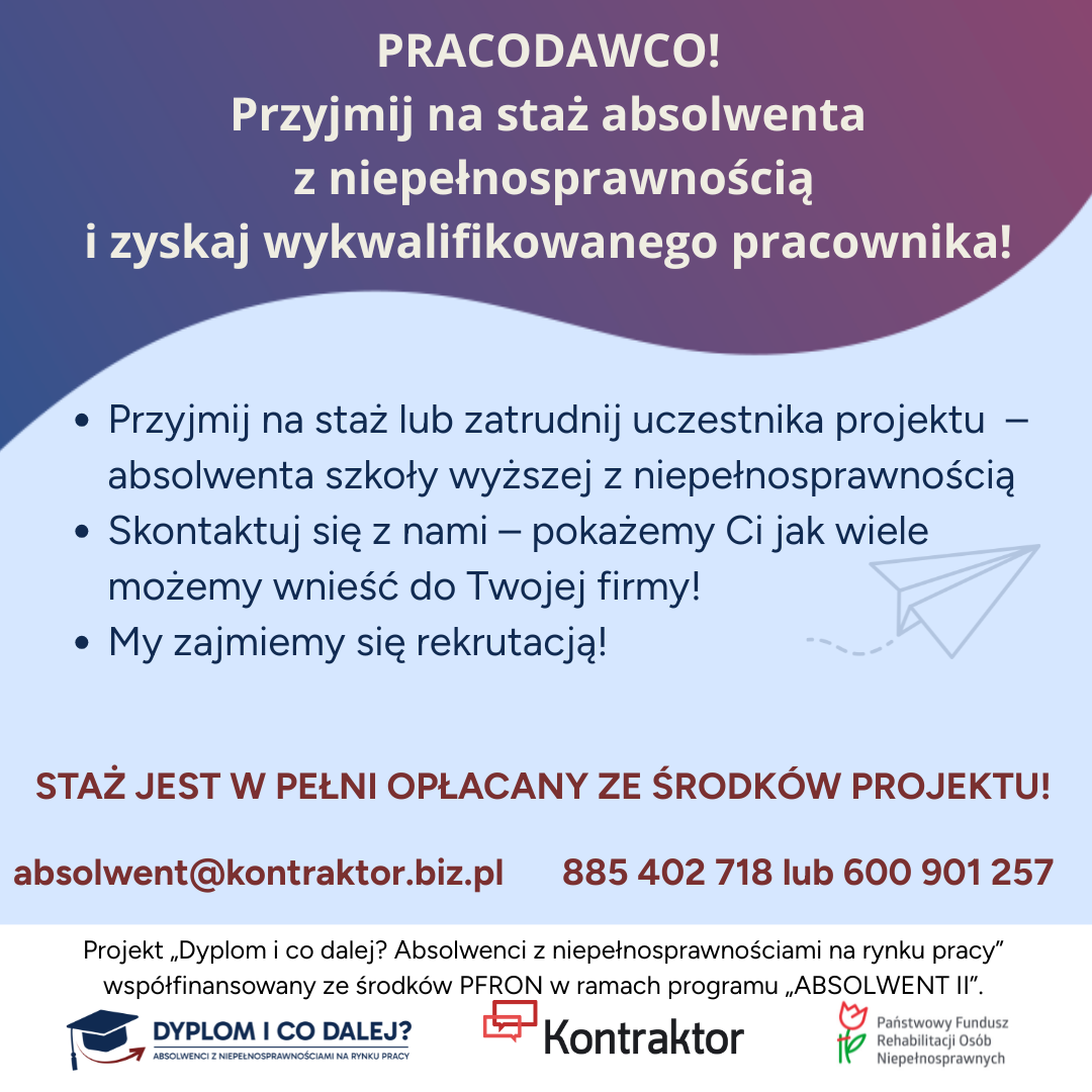 Pełna treść ulotki w formie graficznej w tonacji kolorów fioletu, która w formie ogłoszenia została zamieszczona poniżej.
